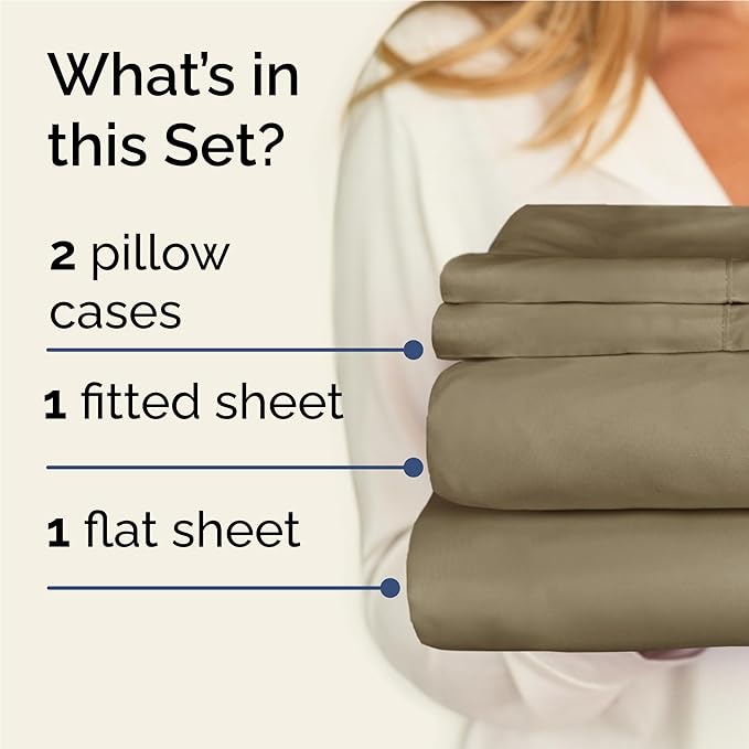 Twin XL Sheets Set 4 Piece - Includes 2 Pillowcases - Bed Sheets Twin XL Size - Soft Hotel Luxury Bedding - Cooling, Comfy and Breathable - 1 Flat & 1 Fitted & 2 Pillowcases w/ Deep Pockets - Khaki