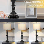 27" Vintage Table Lamps for Living Room Set of 2, Farmhouse Rustic Nightstand Lamps with USB C+A Ports, 3-Way Dimmable Bedside Lamp for Bedrooms Office Dorm, 2 LED Bulbs Included Washed Antique Black