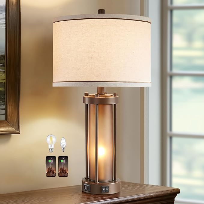 Farmhouse Table Lamps for Living Room with 2 USB Charging Ports, Vintage Rustic Nightstand Lamp with Amber Glass Nightlight, Retro Desk Lamp for Bedroom Entryway, 2 Bulbs Included