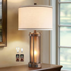 Farmhouse Table Lamps for Living Room with 2 USB Charging Ports, Vintage Rustic Nightstand Lamp with Amber Glass Nightlight, Retro Desk Lamp for Bedroom Entryway, 2 Bulbs Included