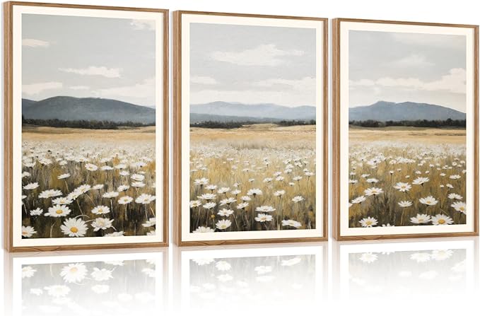 HPNIUB Flowers Wall Art Canvas White Daisy Floral Painting, Rustic Field Landscape Picture, Modern Framed Artwork for Living Room Bedroom Bathroom Dinning Room Office Home Decor Gifts-16 x24 x3