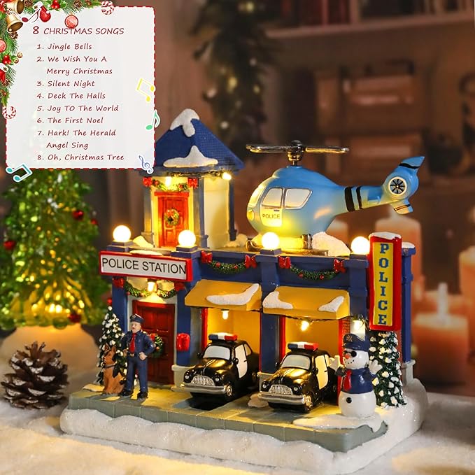 Bdor Christmas Police Station Decoration – Lighted Animated Holiday Village Scene with Helicopter and Police Cars – Plug-in Resin Christmas Tabletop Ornament – 9"x6.3"x9"