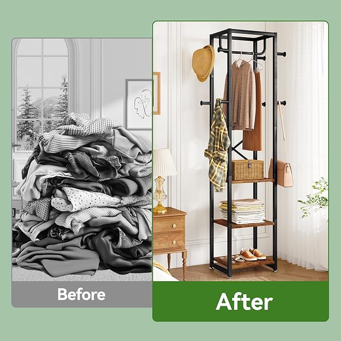 IBUYKE Coat Rack with Shelves, Freestanding Hall Tree with 3 Shelves and 8 Hooks, Industrial Clothes Stand for Entryway, Hallway, Bedroom, Rustic Brown UTMJ088H