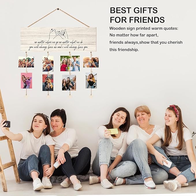 Orchroma Friends Picture Frames Collage Wall Decor,Long Distance Friendship Gifts,Friends Photo Picture Board,Hanging Photo Display with Clips,Home Liveing Room Dorm Bedroom Wall Decor(Burlywood)