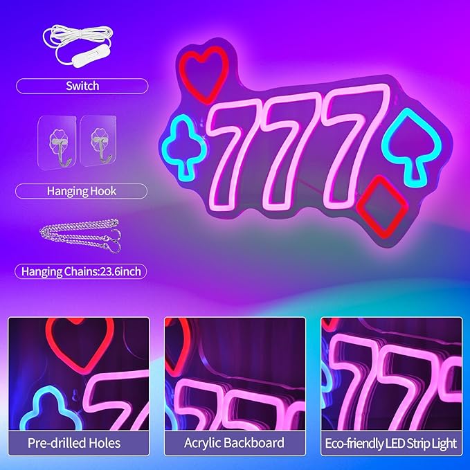 777 Casino Neon Signs for Wall Decor Pink LED Light Sign for Poker Room Decor Light Up Sign for Birthday Party Decoration USB Powered