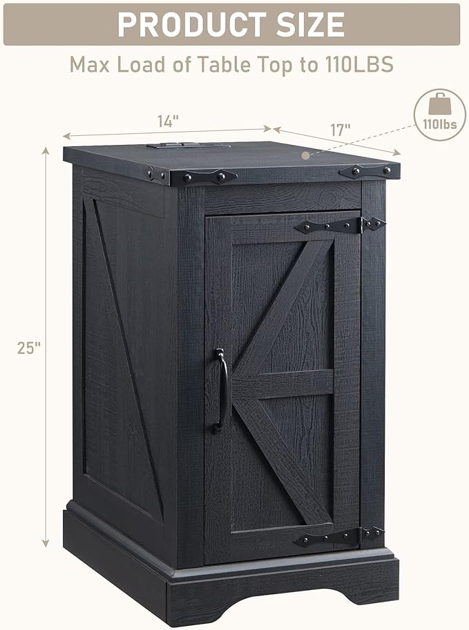 JXQTLINGMU Nightstand with Charging Station, Rectangular Farmhouse End Table with Barn Door and Adjustable Storage Shelf, 17" Deep Wood Rustic Sofa Side Table for Living Room, Bedroom, Black