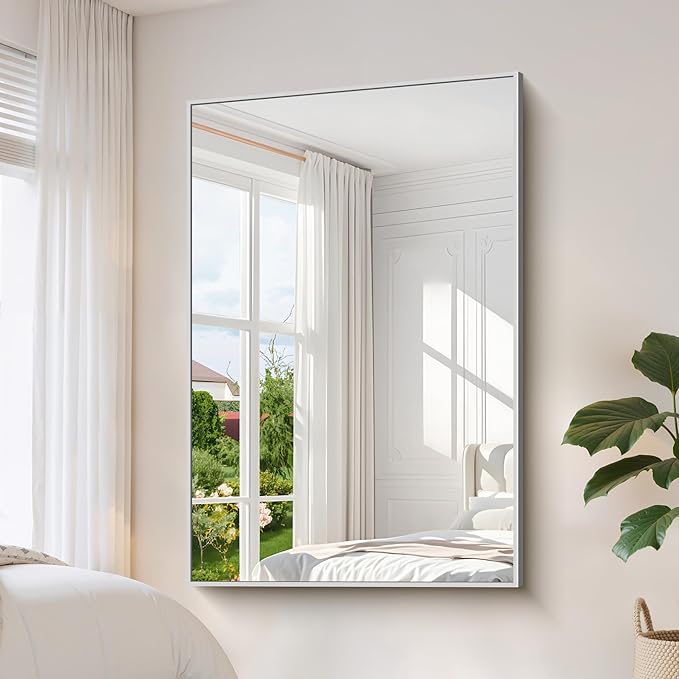 YIROMAN Bathroom Mirror 60"x40", Large Brushed Silver Bathroom Mirror for Over Sink with Aluminum Frame, Rectangular Vanity Mirror with Right Angle, Wall Mirror Hangs Horizontal or Vertical