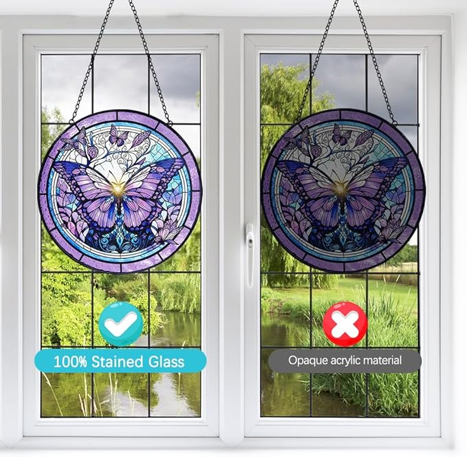 Butterfly Suncatcher Stained Glass Window Hanging - 8” Handmade Stained Glass Suncatchers for Windows Hanging - Sun Catchers Indoor Wall Art Garden Decor Catcher with Hook - Butterfly Gift for Women