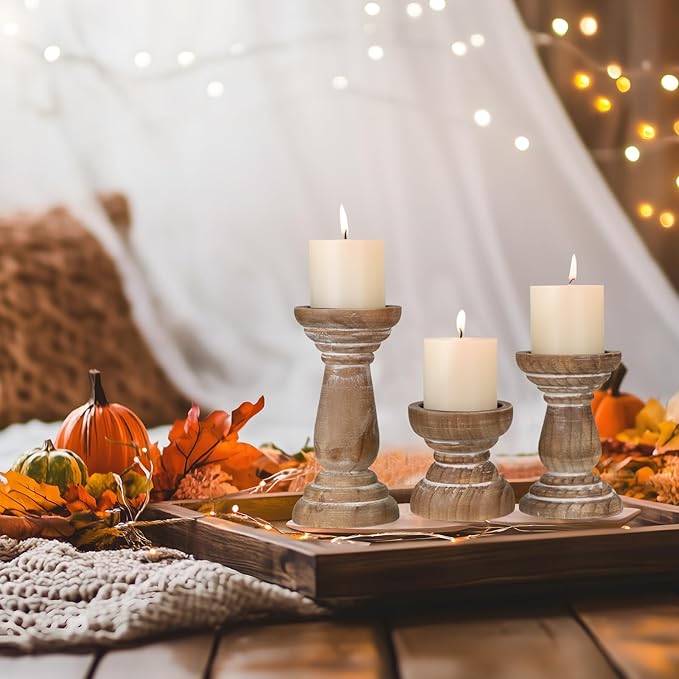 Candle Holder for Pillar Candle Set of 3, Farmhouse Wood Candle Holder, Rustic Wooden Candle Stand, Vintage Small Wooden Candlestick HoldersDecorative for Living Room, Table Centerpiece (Brown)