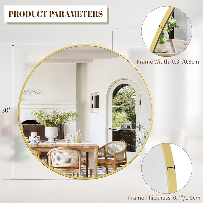 BEAUTYPEAK 30 Inch Round Mirror, Metal Frame Circle Mirror, Wall Mounted for Entryway, Bathroom, Vanity, Living Room, Gold