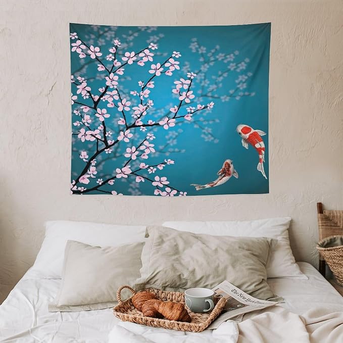 Japanese Koi Fish Tapestry, Cherry Blossoms Asian Oriental Green Teal Flower Branch Koi Fish Carp Tapestries Wall Hanging for Bedroom Living Room Office Decor 60"x50"