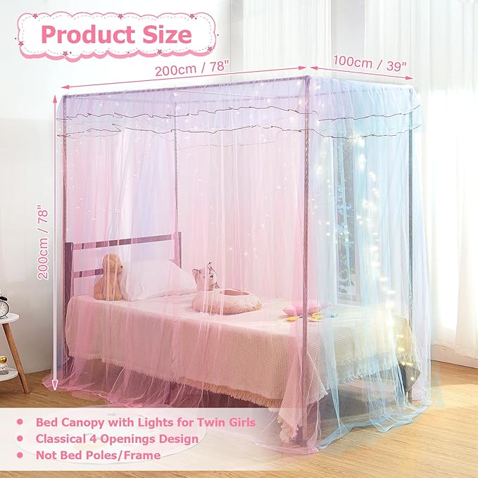 Twin Size Bed Canopy with Lights, Bed Canopy for Girls Princess with Luminous Stars, Canopy Bed Curtains for Twin Bed Kids Indoor Decor Bedroom, 4 Corner Post Bunk Bed for Student Dormitory, Blue&Pink