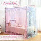 Twin Size Bed Canopy with Lights, Bed Canopy for Girls Princess with Luminous Stars, Canopy Bed Curtains for Twin Bed Kids Indoor Decor Bedroom, 4 Corner Post Bunk Bed for Student Dormitory, Blue&Pink