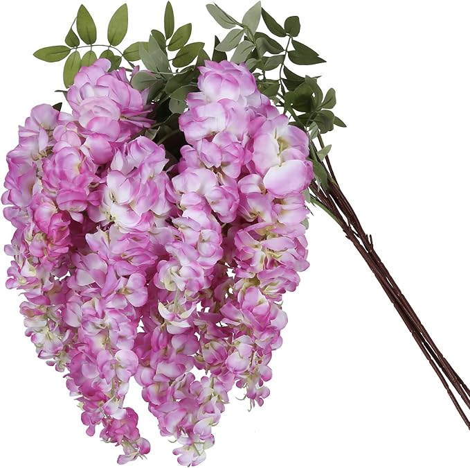 4PCS Artificial Wisteria Hanging Flowers 40'' Tall Lush Fake Wisteria Flowers for Floor Vases Silk Flowers for Wedding Arch Ceremony Window Box Home Garden Backdrop Decoration (Purplish Red)