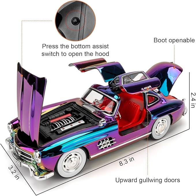 1/24 300SL Diecast Car Model Toy, Collectible 300SL Vintage Car with Sound and Light, Zinc Alloy Pull Back Toy Vehicle for Adult Boys Girls (Purple)
