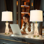 Natural Alabaster Table Lamp,Living Room Lamps Set of 2,Nightstand Lamp with Night Light,Lamps for Living Room With Linen Fabric Shade,Bedside Lamp with Usb A+C Ports for Bedroom,Hotel(Bulb Included)