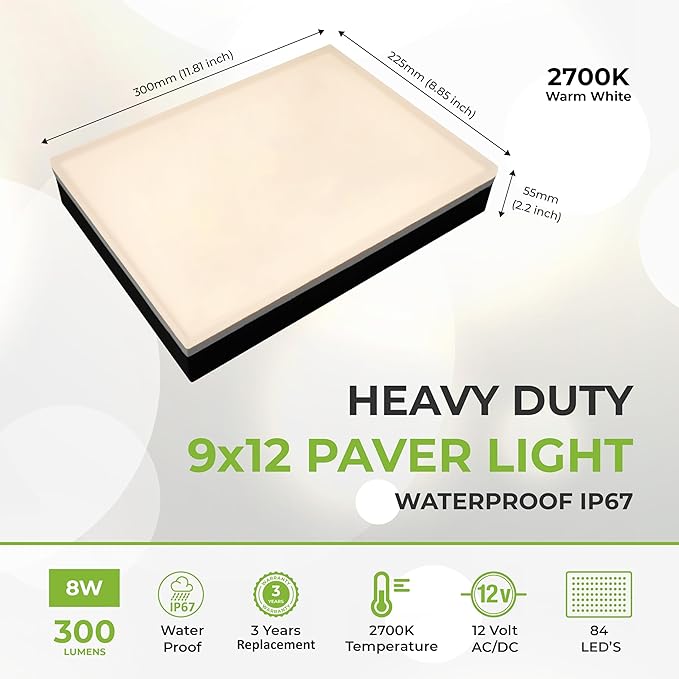 LUMENGY Paver Light 9×12 Inch (8.85 inch X 11.81 inch), Warm White Glare-Free Illumination for Driveways, Pathways, Pool Deck & Patios,12V AC/DC, Waterproof & Drive-Over Rated