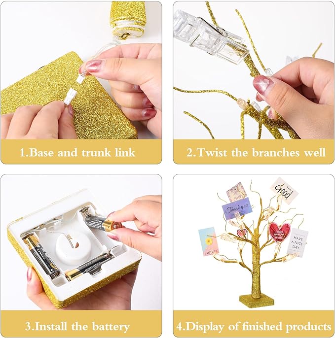 Money Holder Tree Present Card Holder, LED Birch Twig Tree Lights Tabletop, Display Tree with 12 Clear Clips for Christmas, Memo, Present Card, Photo, Wedding (Gold, Warm White,Vivid Style)