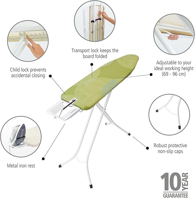 Brabantia Size A Compact Small Ironing Board (43x12 in) 7 Height Options, Adjustable Steam Iron Rest Holder (Calm Rustle) Non-Slip Feet, Anti-Collapse Child Locks