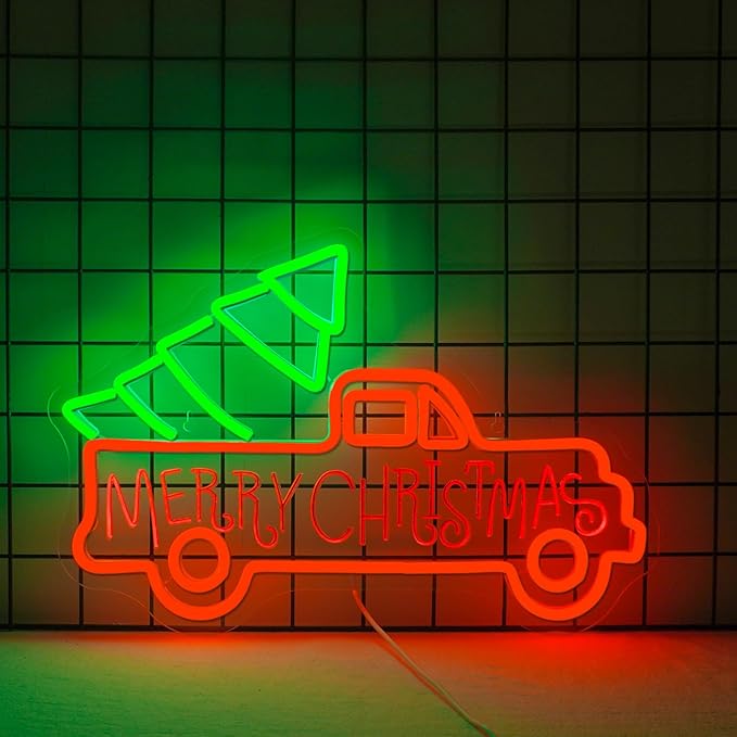 WLHOPE Christmas Truck Neon Sign,Merry Christmas Neon Signs for Wall Decor,Dimmable Merry Christmas Led Signs for Christmas Party Backdrop Bedroom Window Bar Club Shop,Christmas Gift Decoration