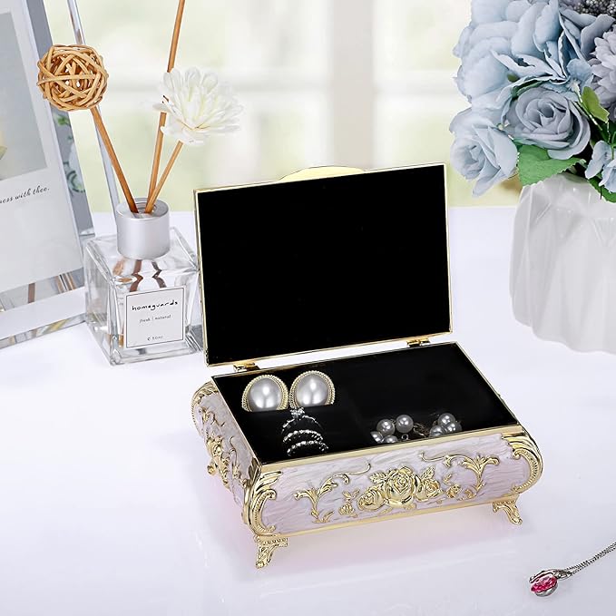 ELLDOO Vintage Music Box, Beige Metal Musical Jewelry Box Keepsake Box, Small Trinket Jewelry Storage Box Gift for Girl Women (Tune: You are My Sunshine)