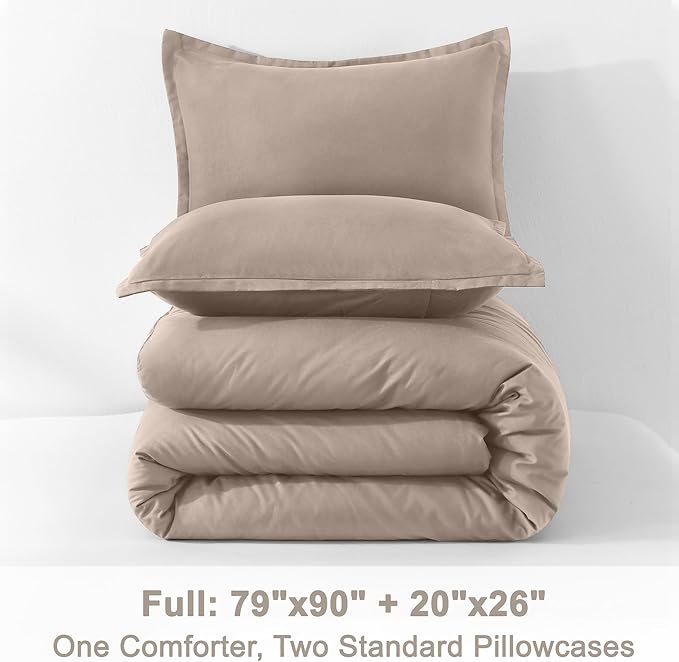 Litanika Light Coffee Comforter Full Size, 3 Pieces Lightweight Solid Bedding Set, All Season Fluffy Bed Set (79x90In Comforter & 2 Pillowcases)