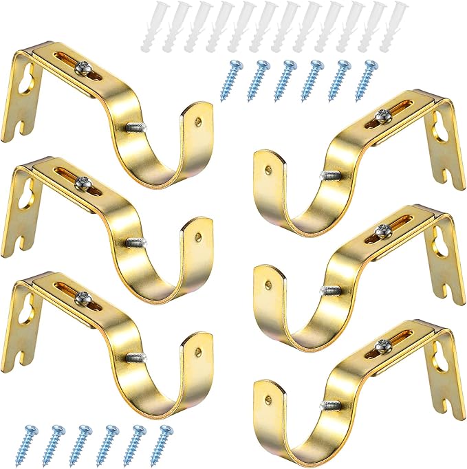 Frienda 6 Pcs Curtain Rod Brackets Adjustable Holder Wall for 1 Inch Diameter Curtain Rod General Bracket Hooks with Screws (Gold)