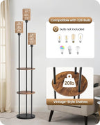 Floor Lamp with Shelves, Boho Floor Lamp with Foot Switch, 3-Light Standing Lamp, for Living Room, Bedroom, Study, Rustic Brown and Yellow YF53LD05 ﻿