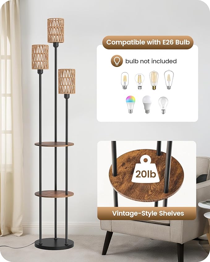 Floor Lamp with Shelves, Boho Floor Lamp with Foot Switch, 3-Light Standing Lamp, for Living Room, Bedroom, Study, Rustic Brown and Yellow YF53LD05 ﻿