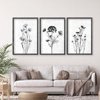 Flower Plant Wall Art Decor 16"x11" Set of 3 Black And White Botanical Painting Wood Framed For Minimalist Bedroom Office Rustic Living Room Abstract Wildflower Sign Hanging (Black)