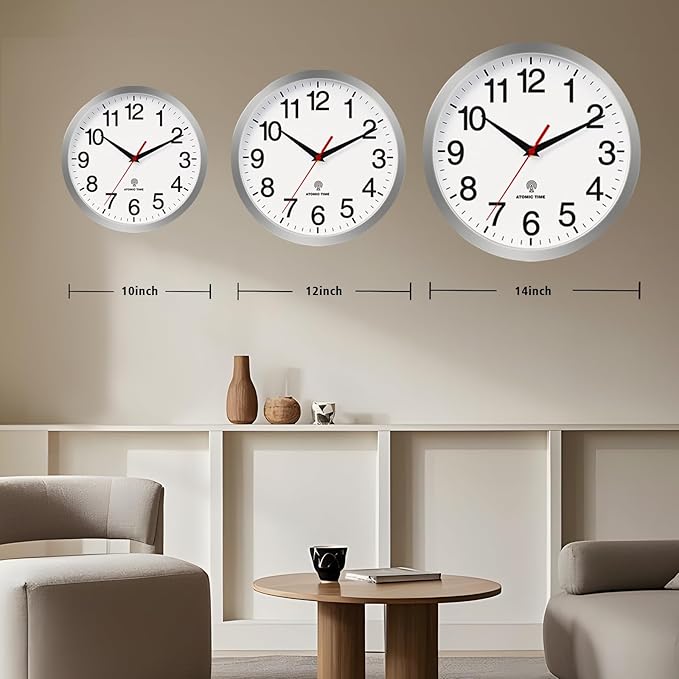 Atomic Wall Clock Modern 10 Inch Battery Operated Silent Non Ticking Analog Clock Decorative for Bedroom Kitchen Bathroom Office Home Living Room (Silver)