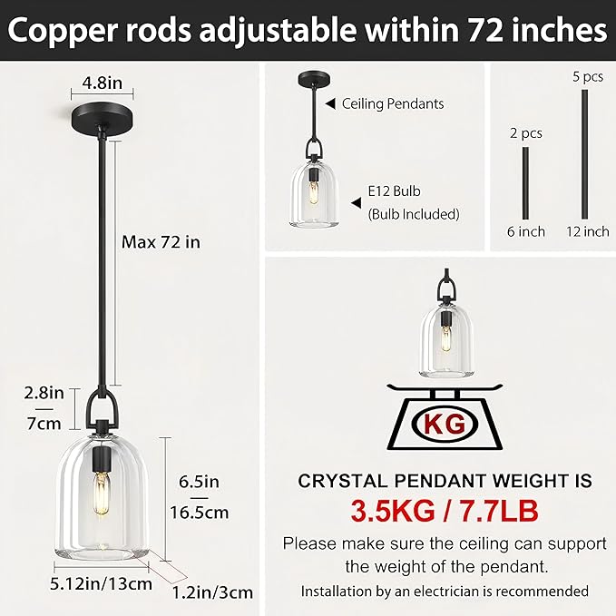 K9 Crystal Black Pendant Light Fixtures, Modern Farmhouse Pendant Lights Kitchen Island, Kitchen Pendant Light Over Island, Indoor Cloche Crystal Pendant Lighting,E12 Bulb Included