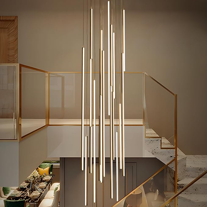 138" Modern LED Chandelier, Clustered Led Pendant Light, 20-Lights Dimmable High Ceiling Large Hanging Lighting Fixture for Loft Villa Living Room Stairs Foyer (Black-110W-20 Lights)