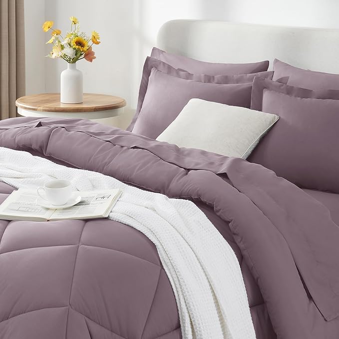 CozyLux Queen Comforter Set Dusty Purple - Bed in a Bag Queen Size 7 Pieces, Soft Bed Set for All Seasons, Bedding Set with Down Alternative Comforter, Sheets, Pillowcases & Shams, Grayish Purple