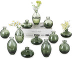 Hewory Glass Bud Vases for Centerpieces: Set of 12 Cute Green Small Vases Handmade, Mini Flower Vase for Floral Arrangement, Tiny Decorations for Home Office Wedding Reception Party Events Table Decor