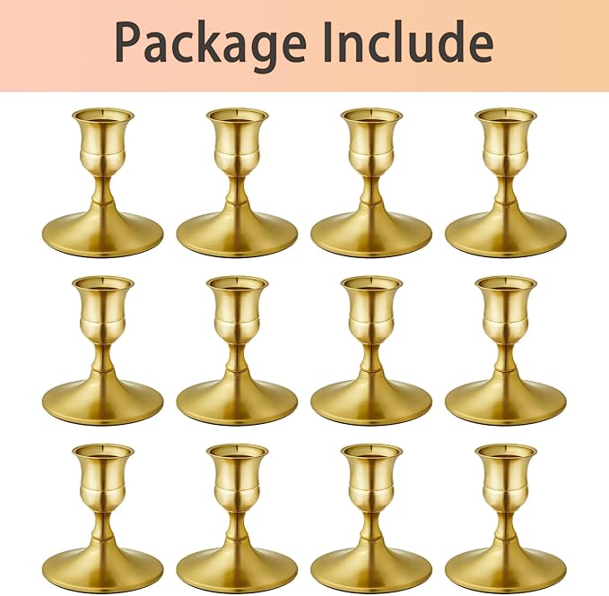 Vintage Brass Gold Taper Candle Holders, Set of 12, Metal Taper Candlestick Holder for Dinner Room Table Centerpiece, Wedding Reception, Festive,Mantel Decoration, Home Decor (Brass Gold, Set of 12)