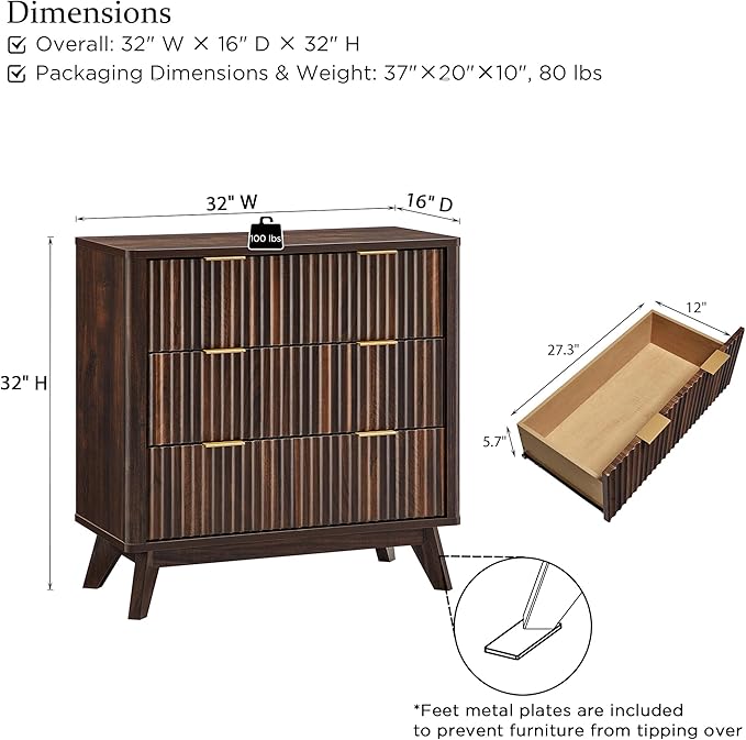 T4TREAM Fluted 3 Drawer Dresser, 32" Tall Modern Chest of Drawers, Curved Profile Design, Wood Drawer Organizer for Bedroom, Living Room, Hallway, Entryway, Dark Walnut