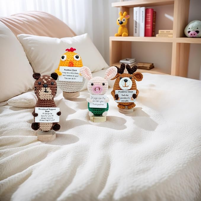 5 PCS Emotional Support Positive Chick, Deer, Otter, Pig, Bear, Stress Relieving Handmade Crochet Animals, Collectible Dolls Decorative Gifts for Friends and Family