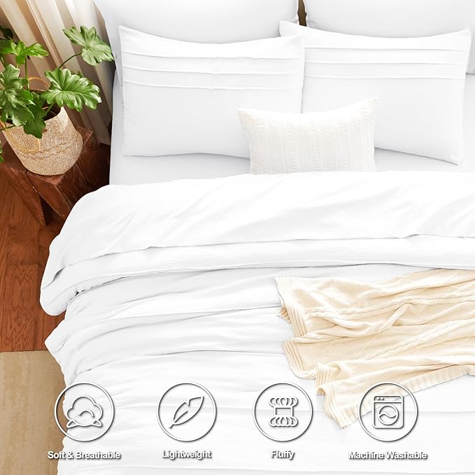 CozyLux Full Size Comforter Sets White, 7 Pieces Soft Pinch Pleat Bed in a Bag Full Comforter Set with Sheets, Boho Bed Set with Down Alternative Comforter, Sheets, Pillowcases & Shams