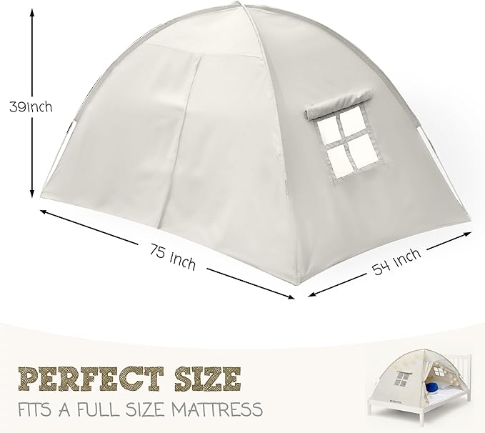 Beige Full Bed Tent for Kids Indoor Fort - Magical Dream Tents for Boys Pop Up Toddler Bed Canopy for Girls Bunk Bed Tent for Top Bunk - Sensory Sleep Pod for Kids Educational