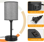 Small Bedside Table Lamp for Nightstand with USB & Outlet, 3 Color, Matte Black, Gray Lampshade (LED Bulb Included)