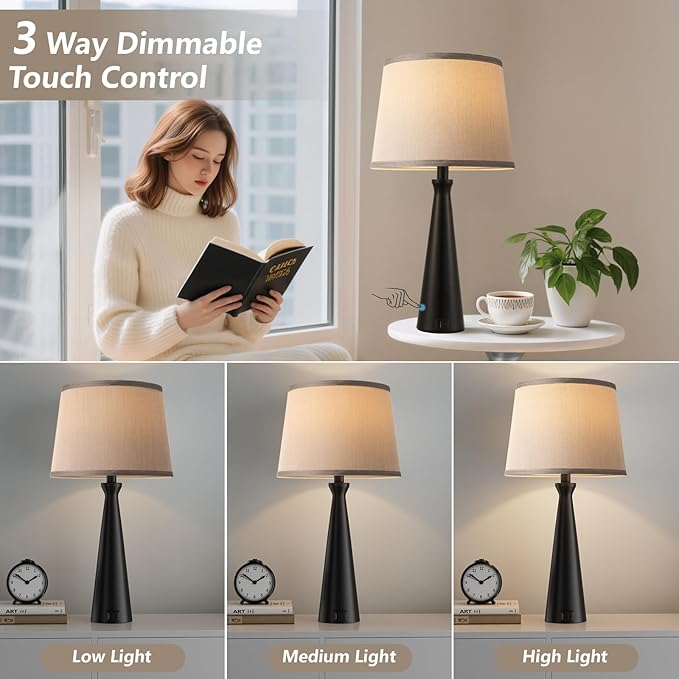 Seealle Modern Table Lamps Set of 2 - Touch Bedside Lamp for Nightstand with USB C+A,3-Way Dimmable Black Nightstand Lamps for Living Room Bedroom End Table with Grey Shade(Bulb Included)
