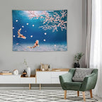 Japanese Koi Fish Tapestry, Cherry Blossoms Asian Oriental Blue Floral Branch Koi Fish Carp Tapestries Wall Hanging for Bedroom Living Room Office Decor 40"x30"