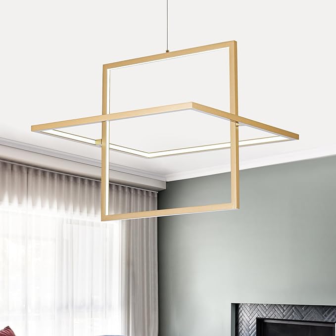 Modern LED Chandelier Led Pendant Light Square Contemporary Chandelier Hanging Light Dimmable for Living Room, Dining Room, Bedroom, Kitchen, Stydy Room 65W 3000K/4000K/6000K (Glod)