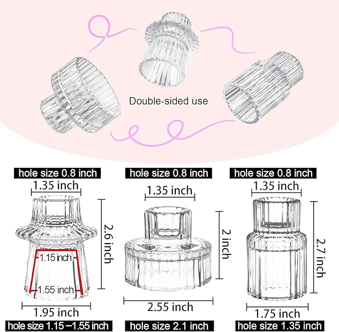 Double Sided Vintage Ribbed Taper Glass Candle Holders,Tea Candle Holder for Table Centerpieces, Wedding Decorations and Dinner Parties (Clear, 3 PCS)