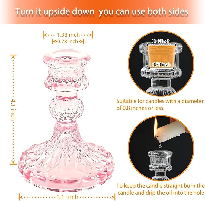 Glass Candlestick Holder,Striped Taper Candle Holders,Set of 6 Candle Stand for Table Centerpieces, Home Decor,Weddings,Festival and Parties (Pink Dimond)