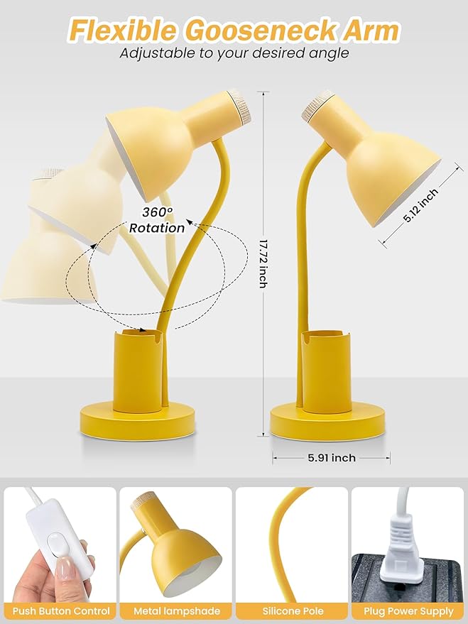 LED Desk Lamp with Pen Holder, Eye-Caring Desk Light 3 Color Modes Reading Light Flexible Gooseneck Metal Study Lamp, Cute Table Lamps for Home Office Bedside Dorm (Yellow lamp)