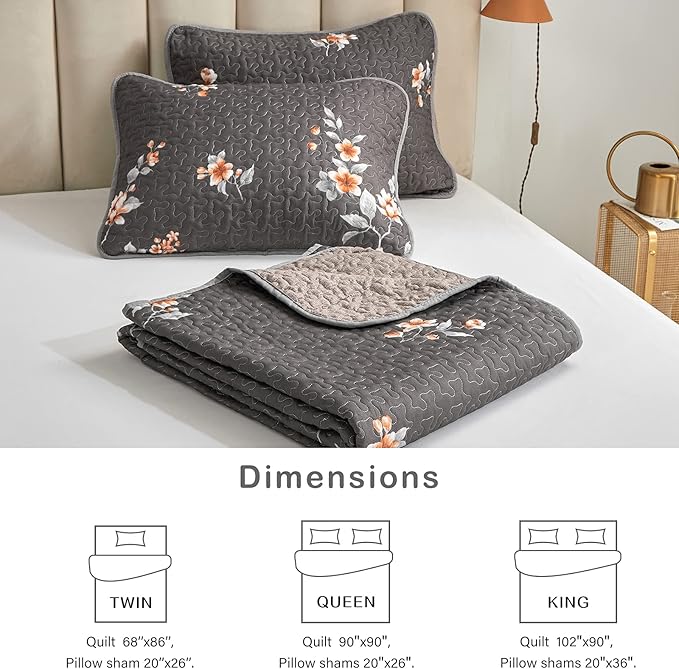 3 Pieces Quilt Set Full/Queen Size, Dark Gray Floral Reversible Bedspread Coverlet Set, Soft Microfiber Lightweight Bed Cover for All Season (90" x 90", 1 Quilt+ 2 Pillow Shams)