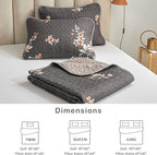 Flysheep 3 Pieces Quilt Set King Size, Dark Gray Floral Reversible Bedspread Coverlet Set, Soft Microfiber Lightweight Bed Cover for All Season (102" x 90", 1 Quilt+ 2 Pillow Shams)