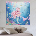 HZOHNAGO Mermaid Girls Tapestry Watercolor Mermaid Princess Pattern Printed Wall Tapestry Wall Hanging for Bedroom Living Room Dorm 60" W x 60" H